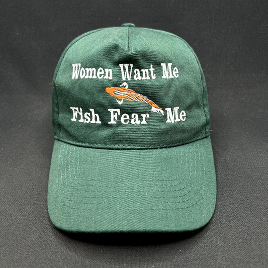 Women Want Me Fish Fear Me Funny Fishing Strapback Hat Green Dad Cap