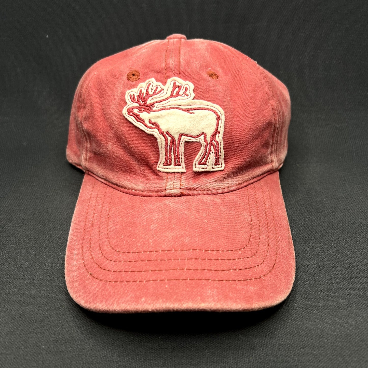 Vintage Retro Elk Deer Strapback Hat Distressed Red Washed Cotton Dad Cap