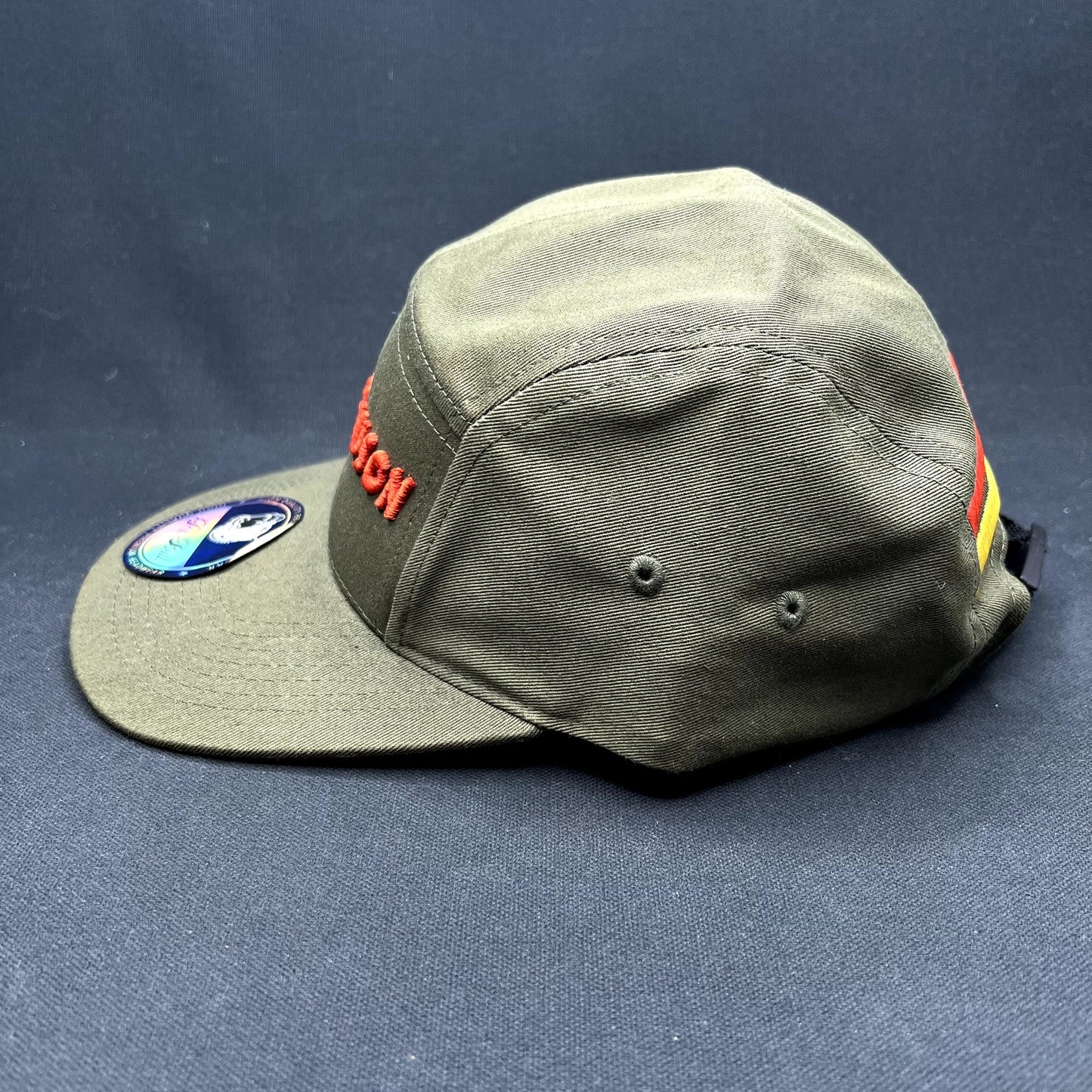 The Slauson 5 Panel Strapback Hat Olive Red Yellow Pit Bull
