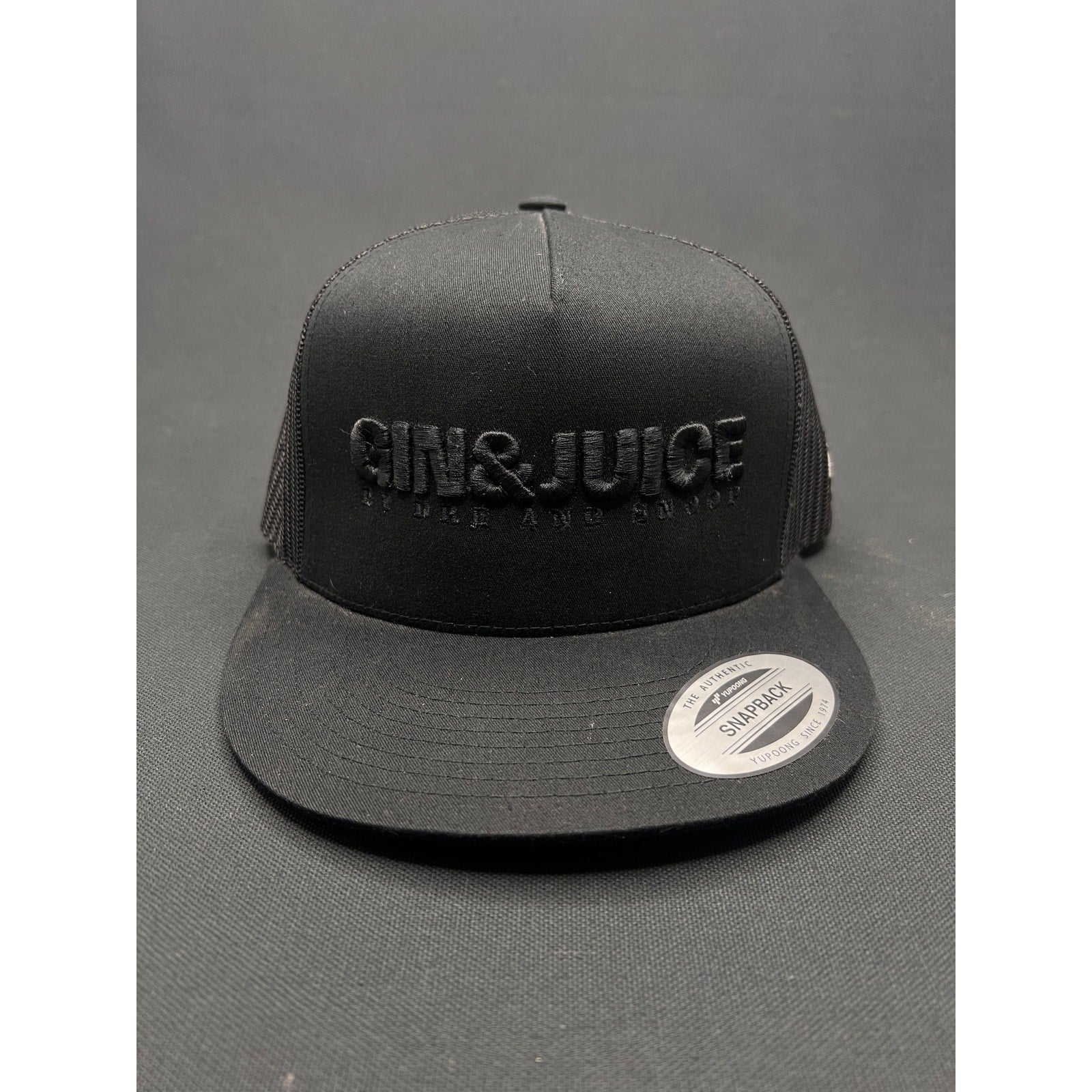 Gin & Juice by Dre & Snoop Snapback Hat – Black-on-Black Puff Embroidery Parental Advisory