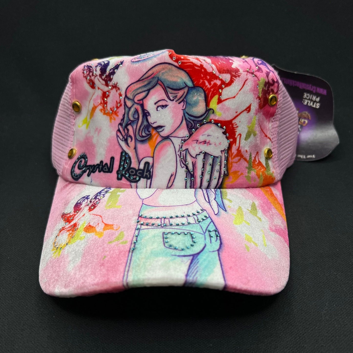 Crystal Rock Christian Audigier Pink Angel Graphic Rhinestone Trucker Hat