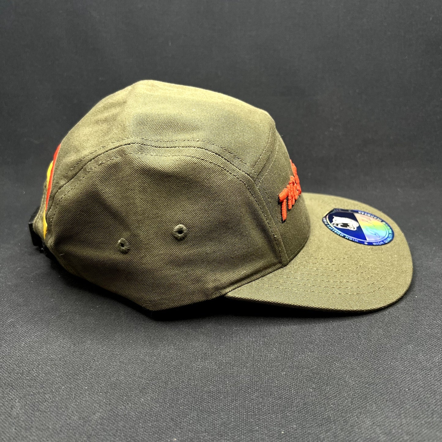 The Slauson 5 Panel Strapback Hat Olive Red Yellow Pit Bull