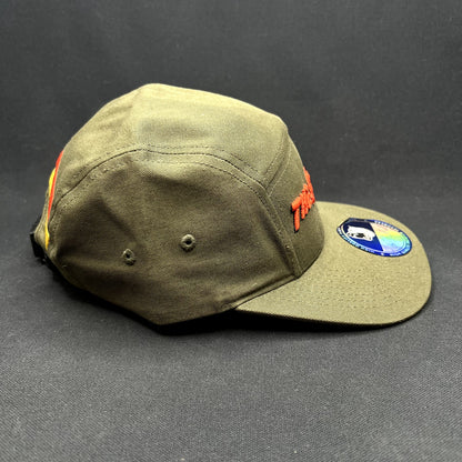 The Slauson 5 Panel Strapback Hat Olive Red Yellow Pit Bull