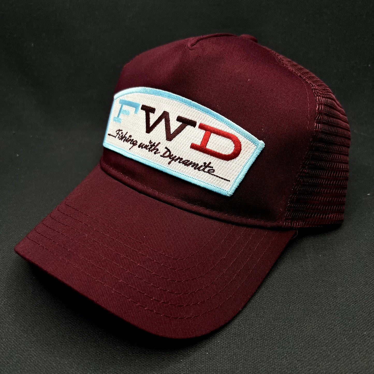 Fishing With Dynamite FWD Otto Snapback Trucker Hat Burgundy Mesh Cap