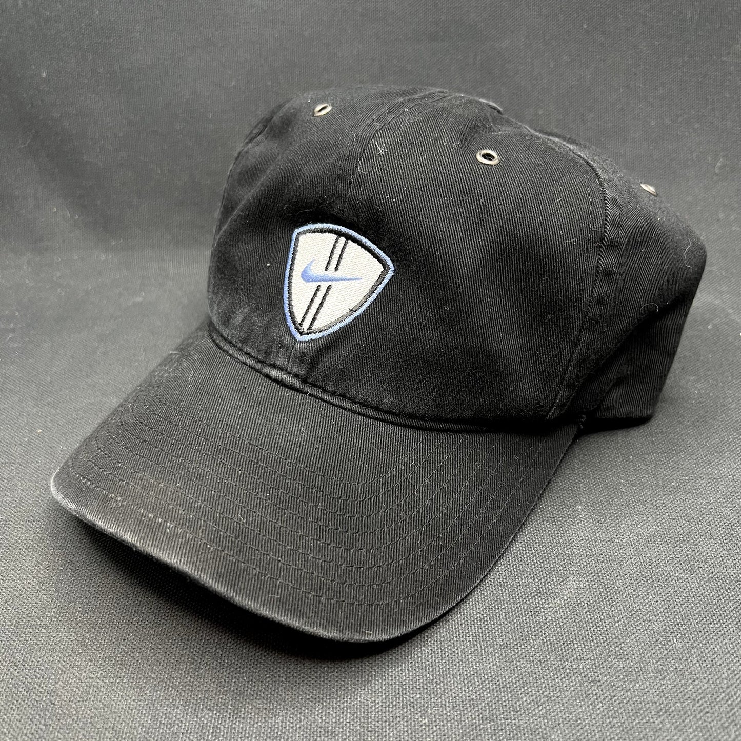 Vintage Nike Soccer Shield Strapback Hat Black Swoosh Cap Y2K