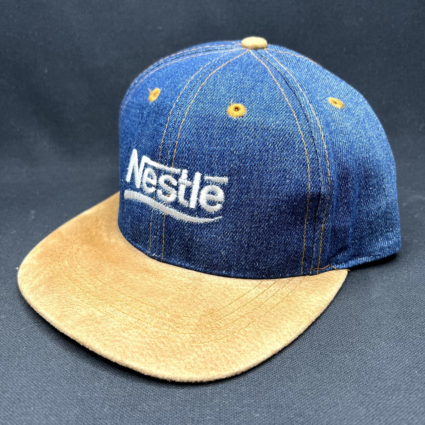 Vintage Nestlé Denim Suede Strapback Hat Otto Cap Distressed USA