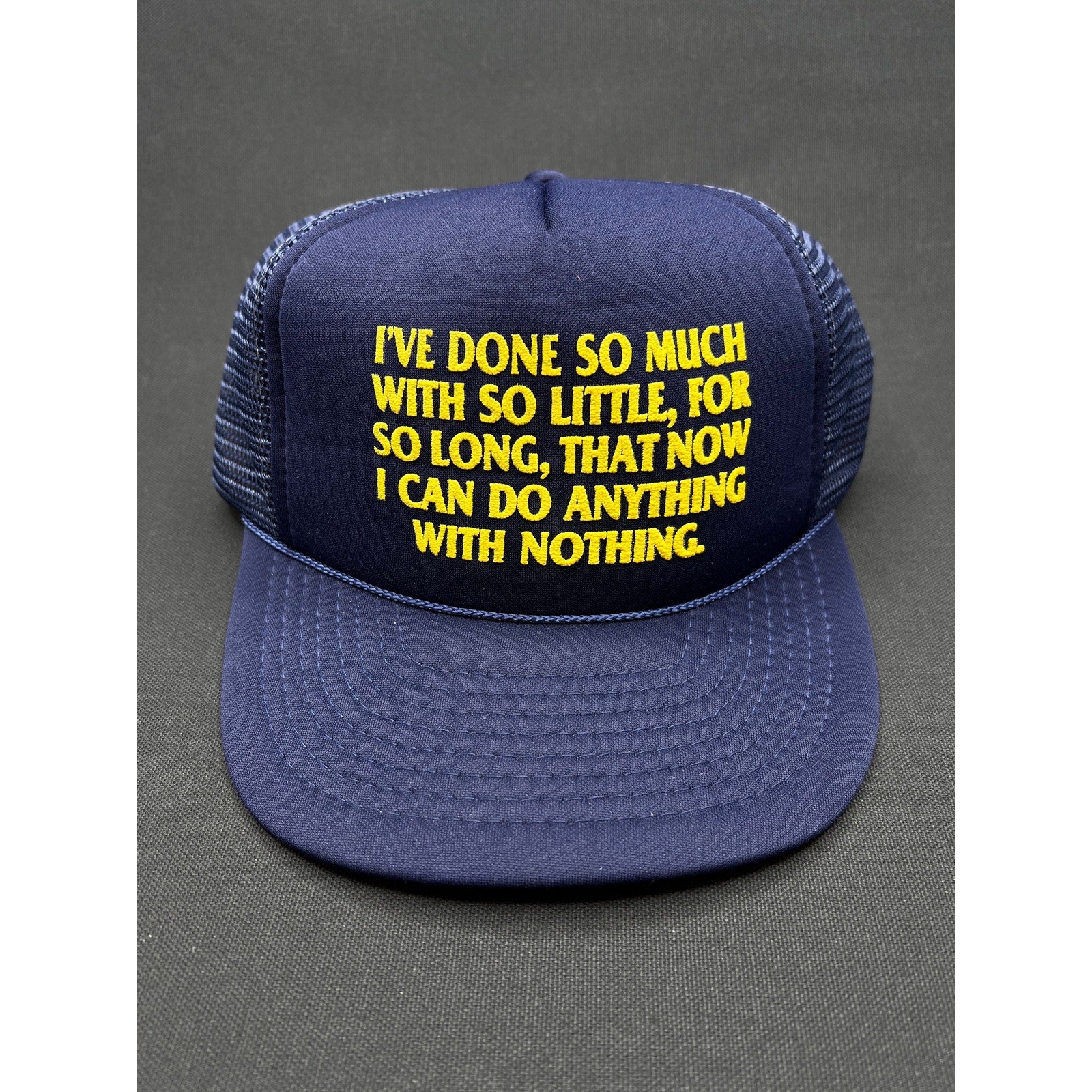 Vintage 1980s Navy Blue Trucker Hat "I Can Do Anything With Nothing" Made in USA
