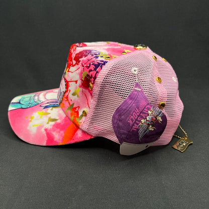 Crystal Rock Christian Audigier Pink Angel Graphic Rhinestone Trucker Hat