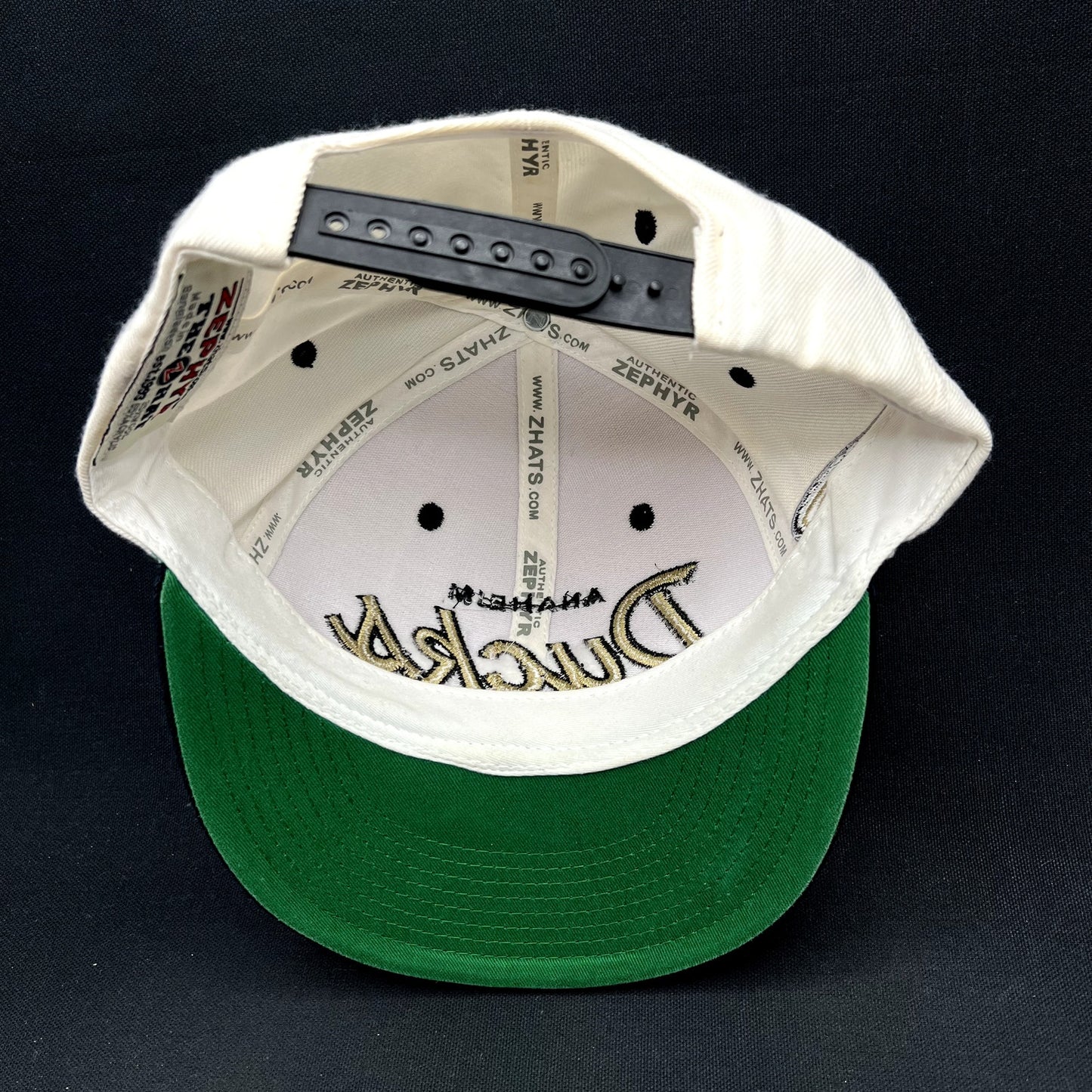 Anaheim Ducks Zephyr Script Snapback Hat NHL Hockey Cap White Black
