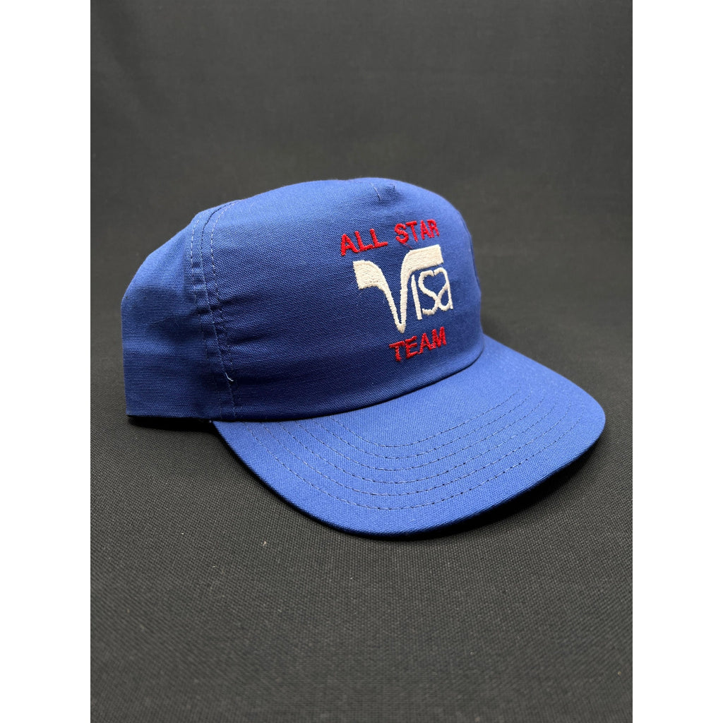 Vintage 1980s Visa “All Star Team” Blue Mesh Trucker Hat – Made in USA