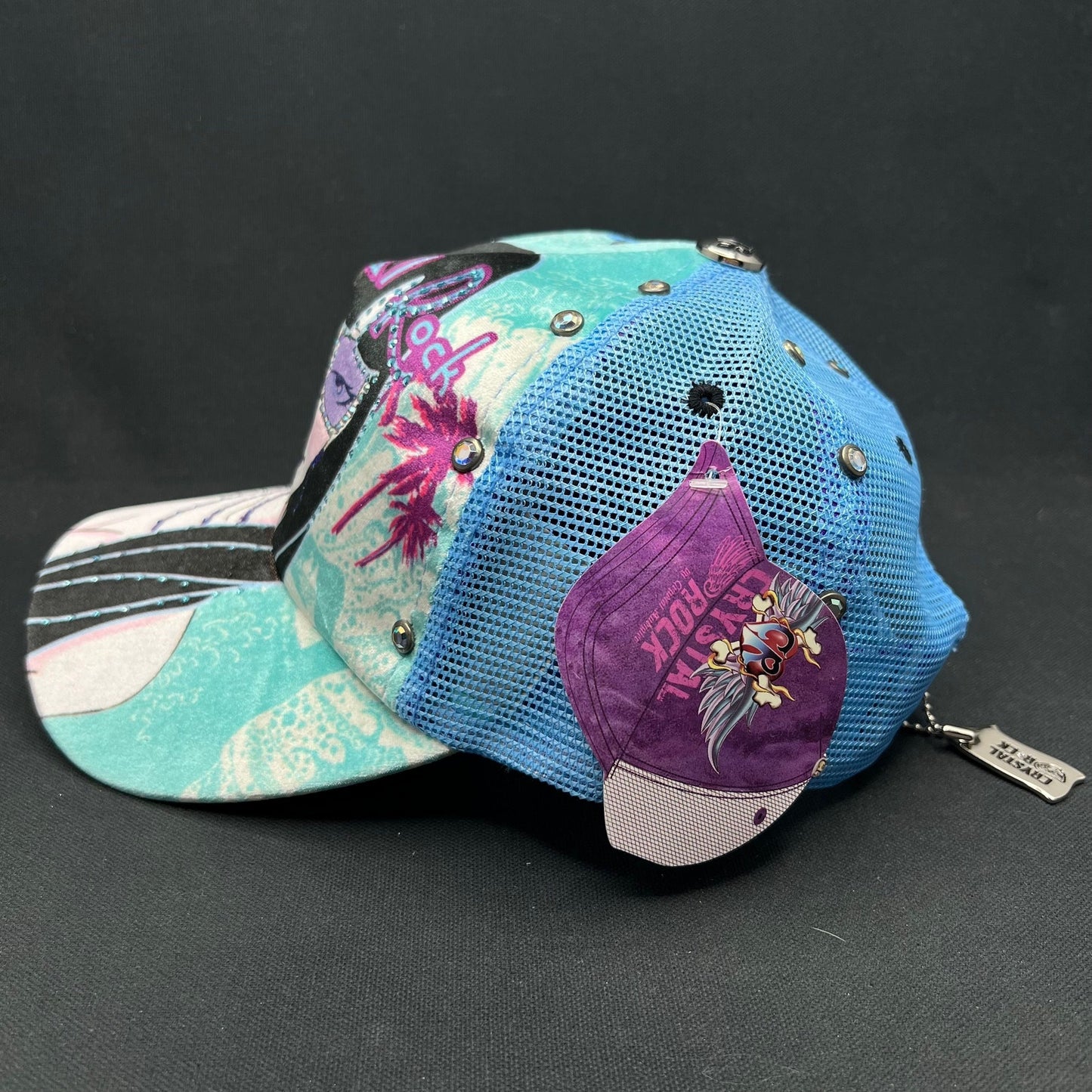 Crystal Rock Christian Audigier Blue Rhinestone Trucker Snapback Hat