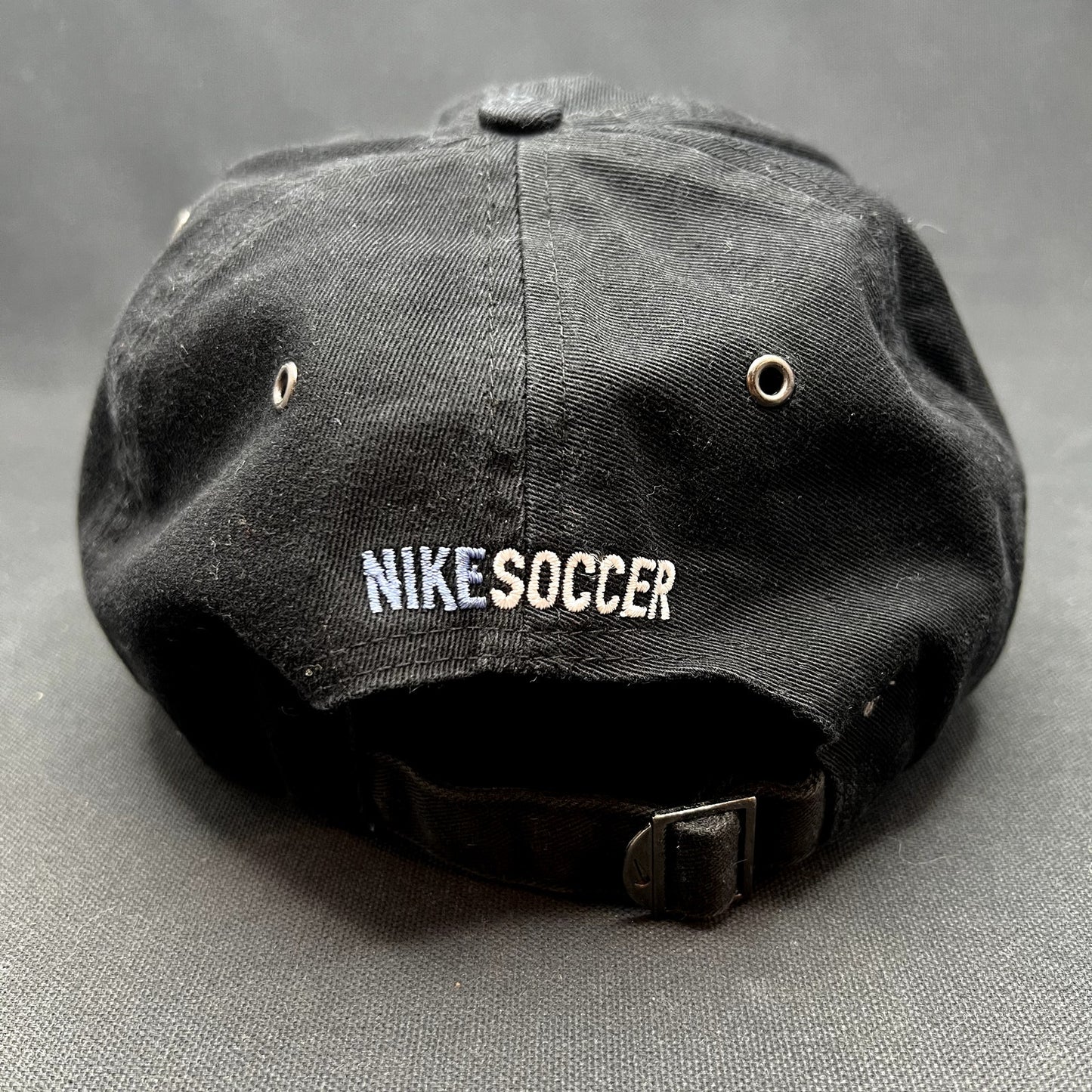 Vintage Nike Soccer Shield Strapback Hat Black Swoosh Cap Y2K