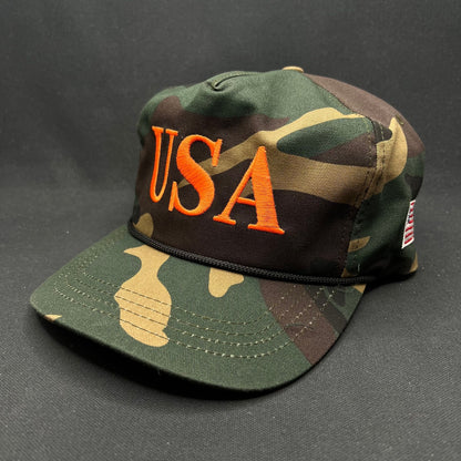 Trump 45 USA Camo Snapback Hat Made in USA Orange Embroidery
