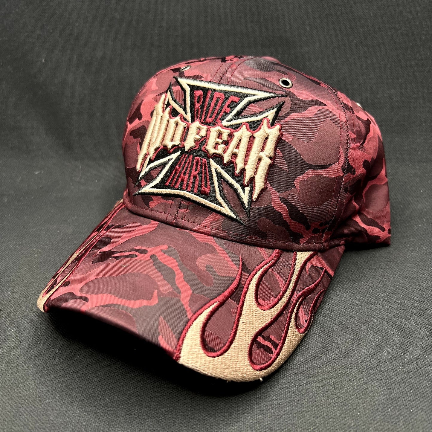 Y2K No Fear Ride Hard Flame Camo Strapback Hat Black Eagle Cap