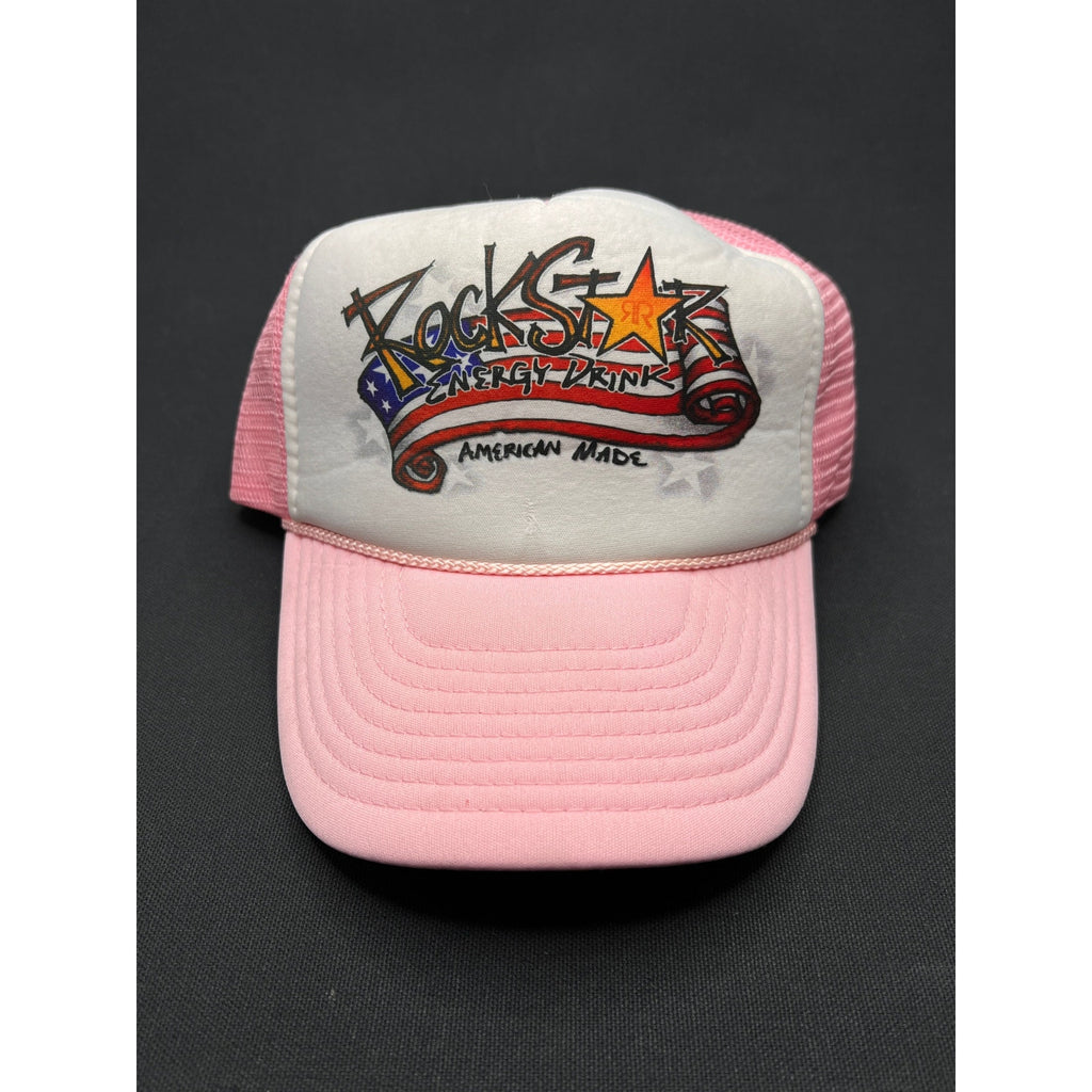 Vintage Rockstar Energy Drink Trucker Hat – Pink Mesh Foam Snapback Made In USA