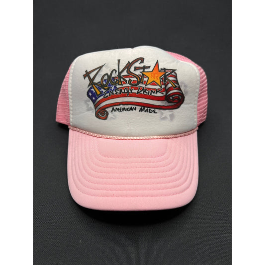 Vintage Rockstar Energy Drink Trucker Hat – Pink Mesh Foam Snapback Made In USA