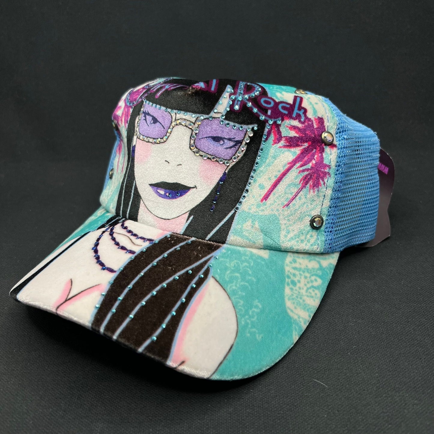 Crystal Rock Christian Audigier Blue Rhinestone Trucker Snapback Hat
