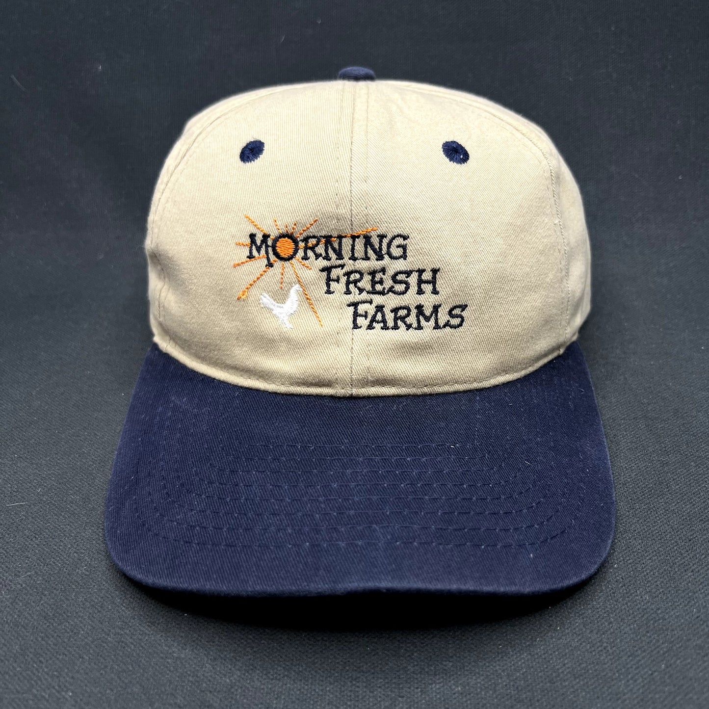 Morning Fresh Farms Vintage Snapback Hat Khaki Navy Farm Agriculture Cap