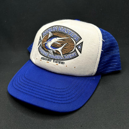 Vintage Marlin Masters Fishing Tournament Hawaii Snapback Trucker Hat Blue White Mesh Cap