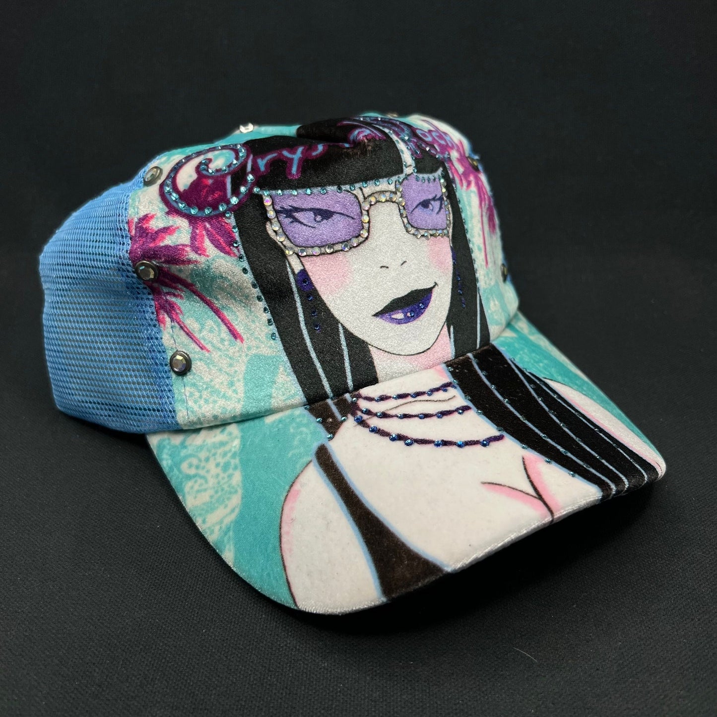 Crystal Rock Christian Audigier Blue Rhinestone Trucker Snapback Hat