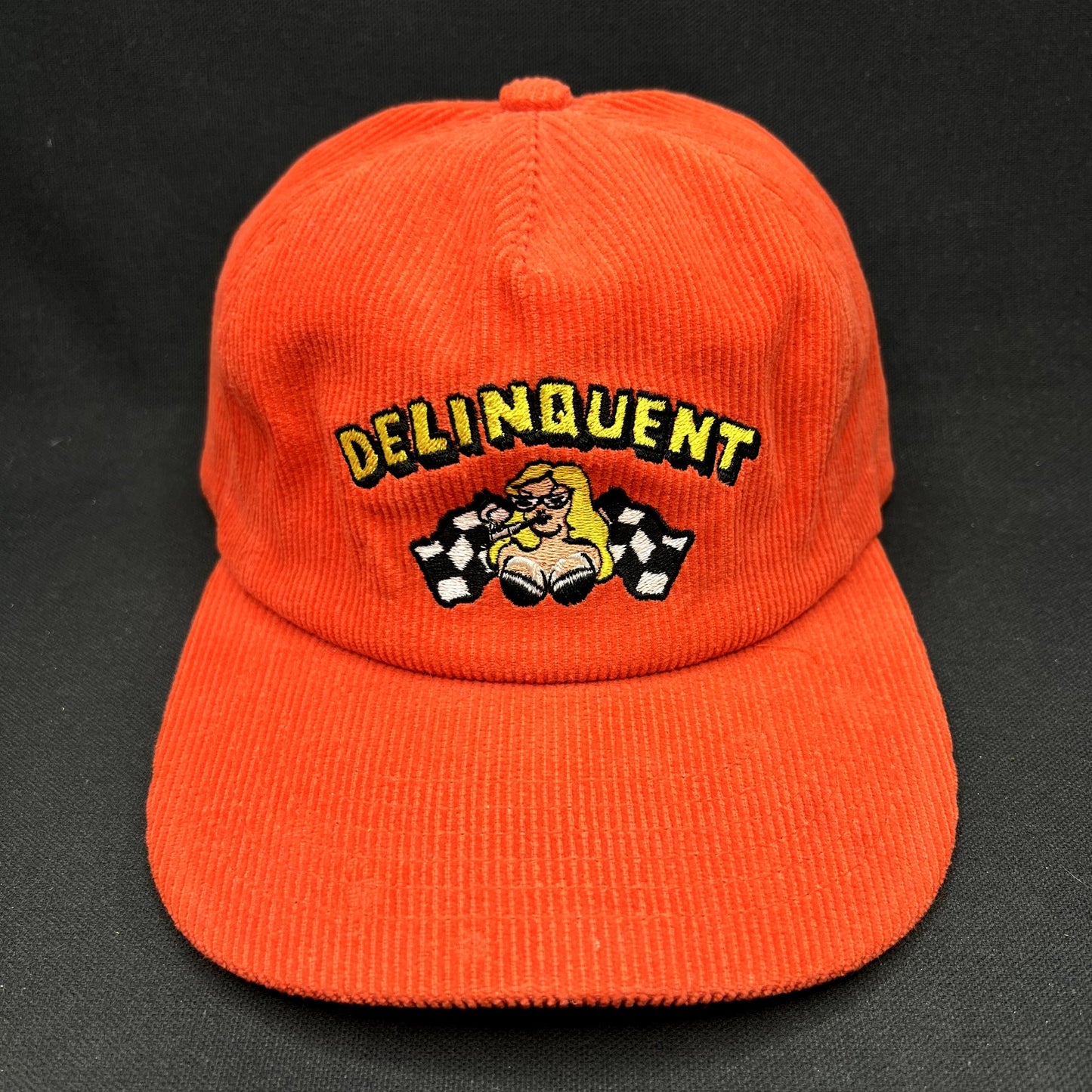 Delinquent Bros Corduroy Snapback Hat Red Racing Pinup Cap