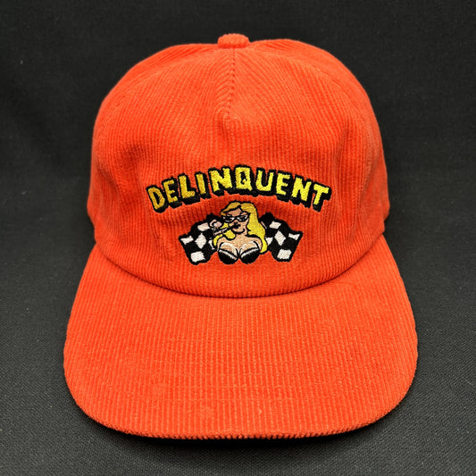Delinquent Bros Corduroy Snapback Hat Red Racing Pinup Cap