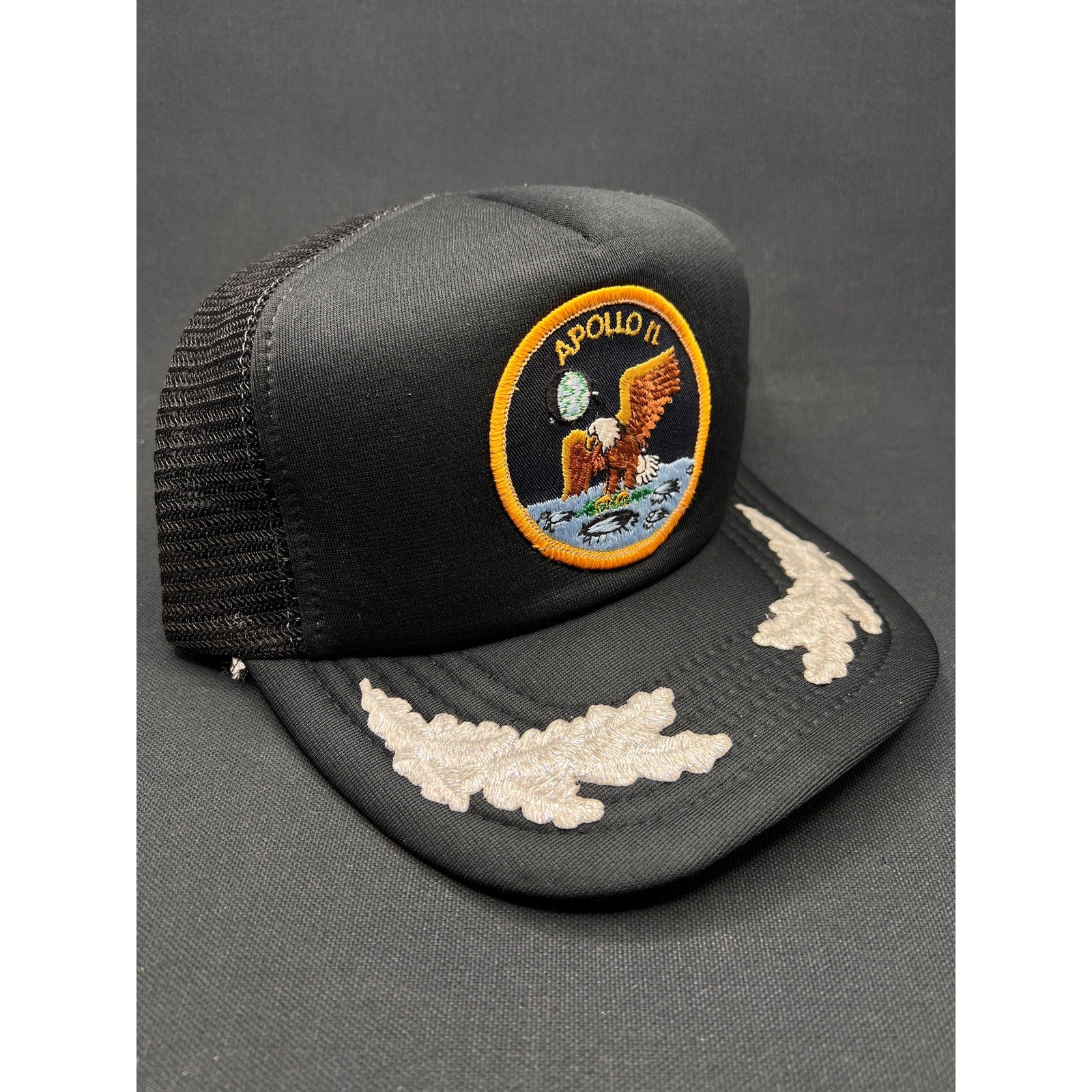 Vintage Apollo 11 NASA Space Trucker Hat Black Snapback Civic Cap Gold Leaf