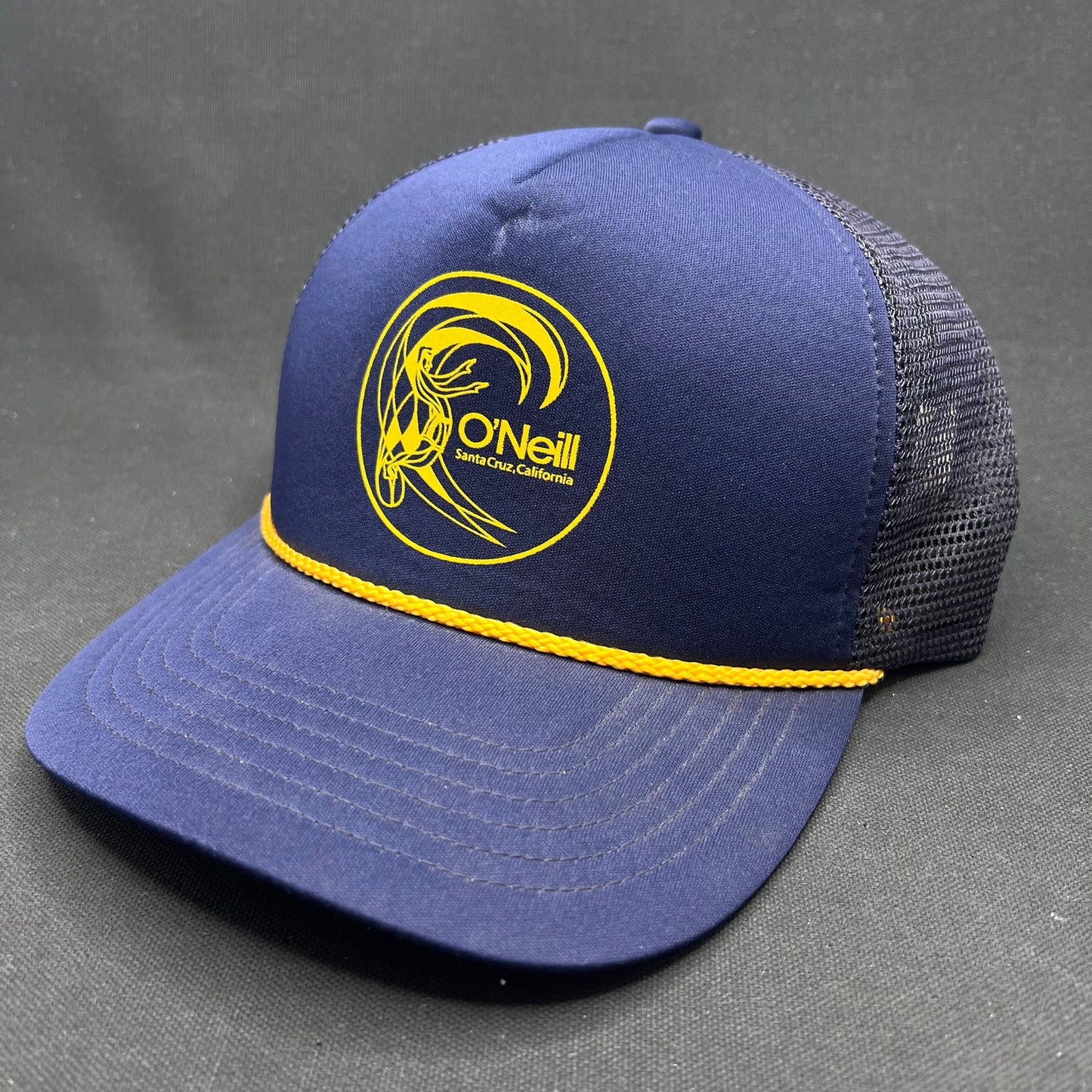 Vintage O’Neill Santa Cruz Surf Trucker Hat Navy Yellow Rope Snapback