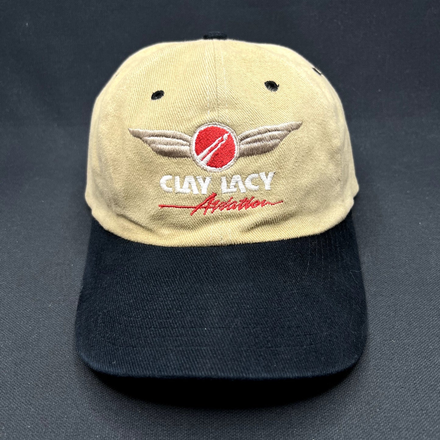 Vintage Clay Lacy Aviation Strapback Hat Tan Black Pilot Airport Cap
