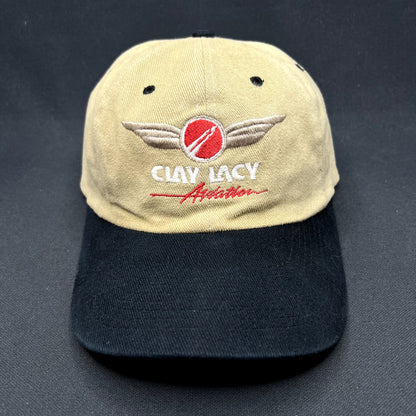 Vintage Clay Lacy Aviation Strapback Hat Tan Black Pilot Airport Cap