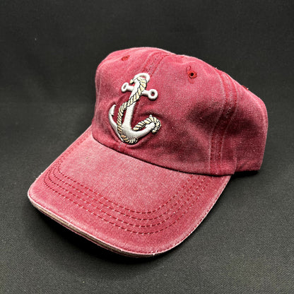 Vintage Nautical Anchor Embroidered Washed Red Cotton Strapback Hat Adjustable