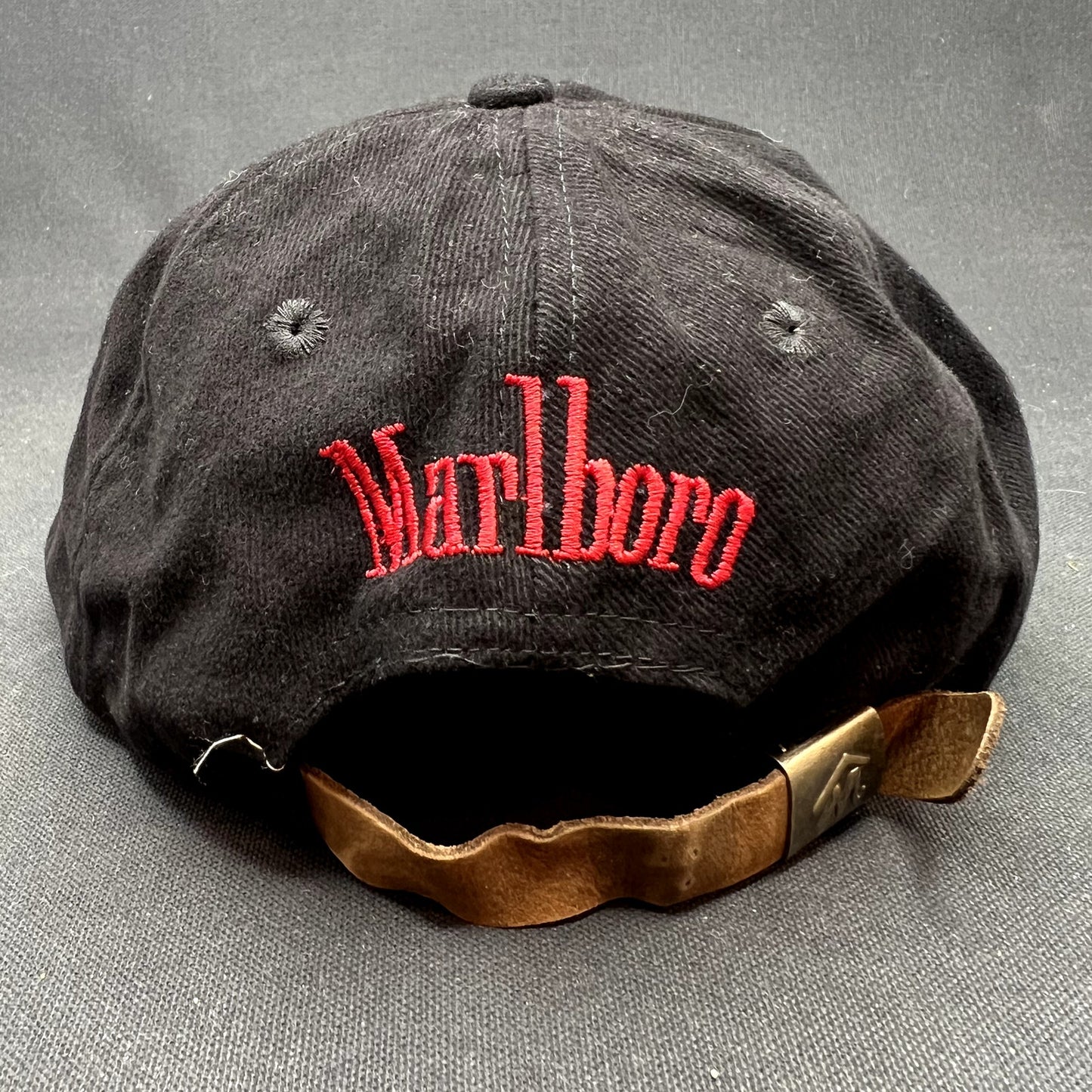 Vintage Marlboro Strapback Hat Black Leather Strap Tobacco Cap