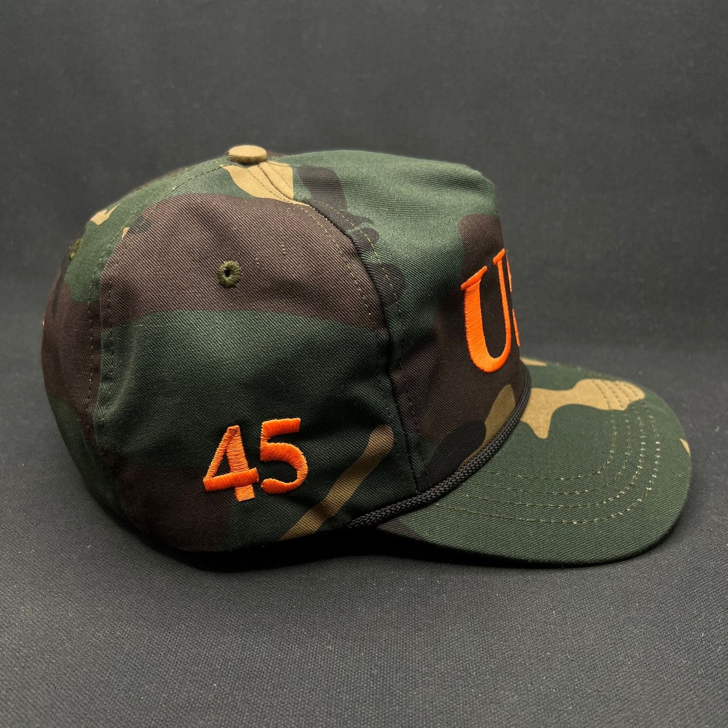 Trump 45 USA Camo Snapback Hat Made in USA Orange Embroidery