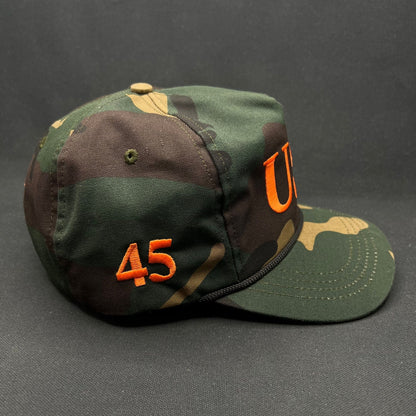 Trump 45 USA Camo Snapback Hat Made in USA Orange Embroidery