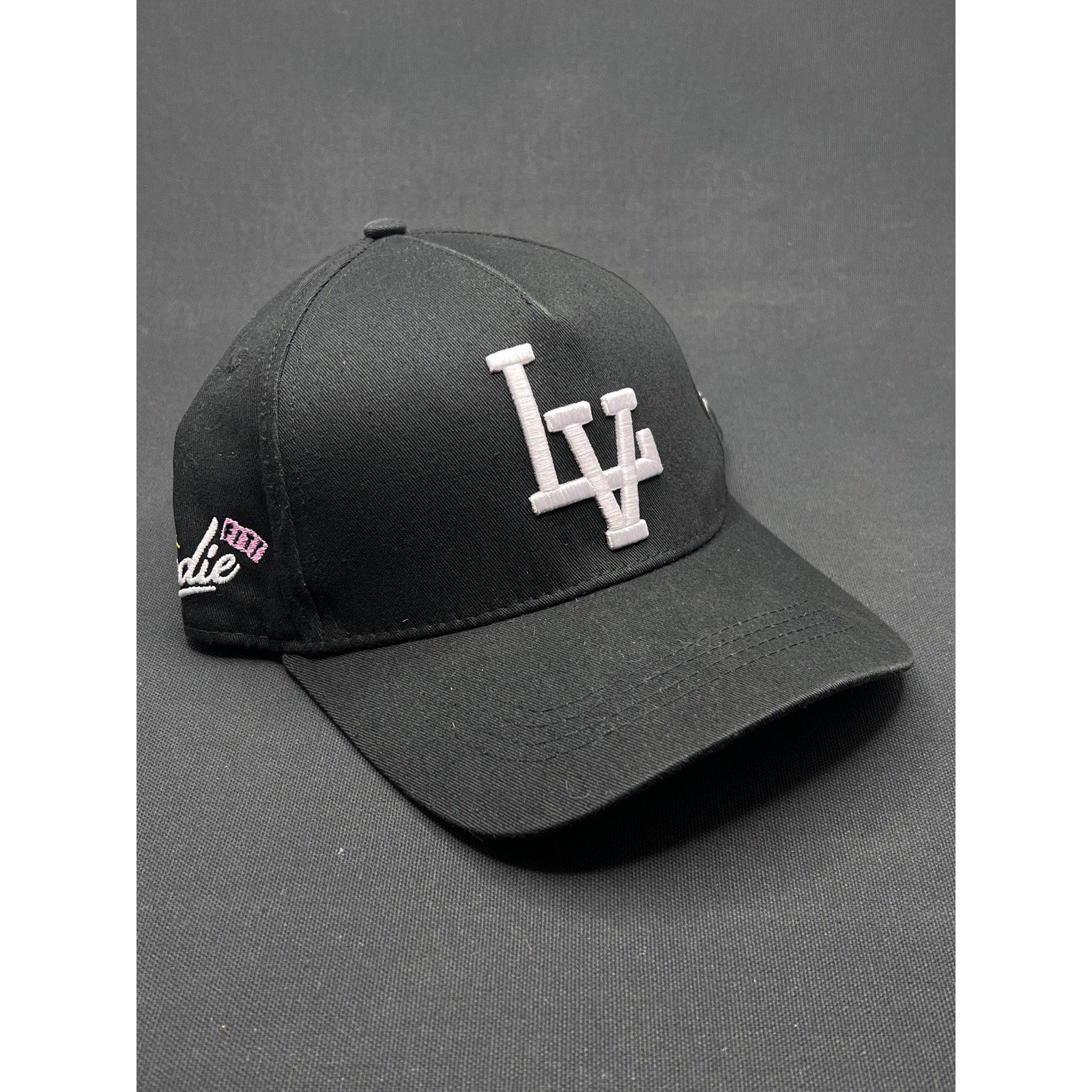 Okami Brand LV Las Vegas LA Flip Black Strapback Hat Streetwear Embroidered Logo