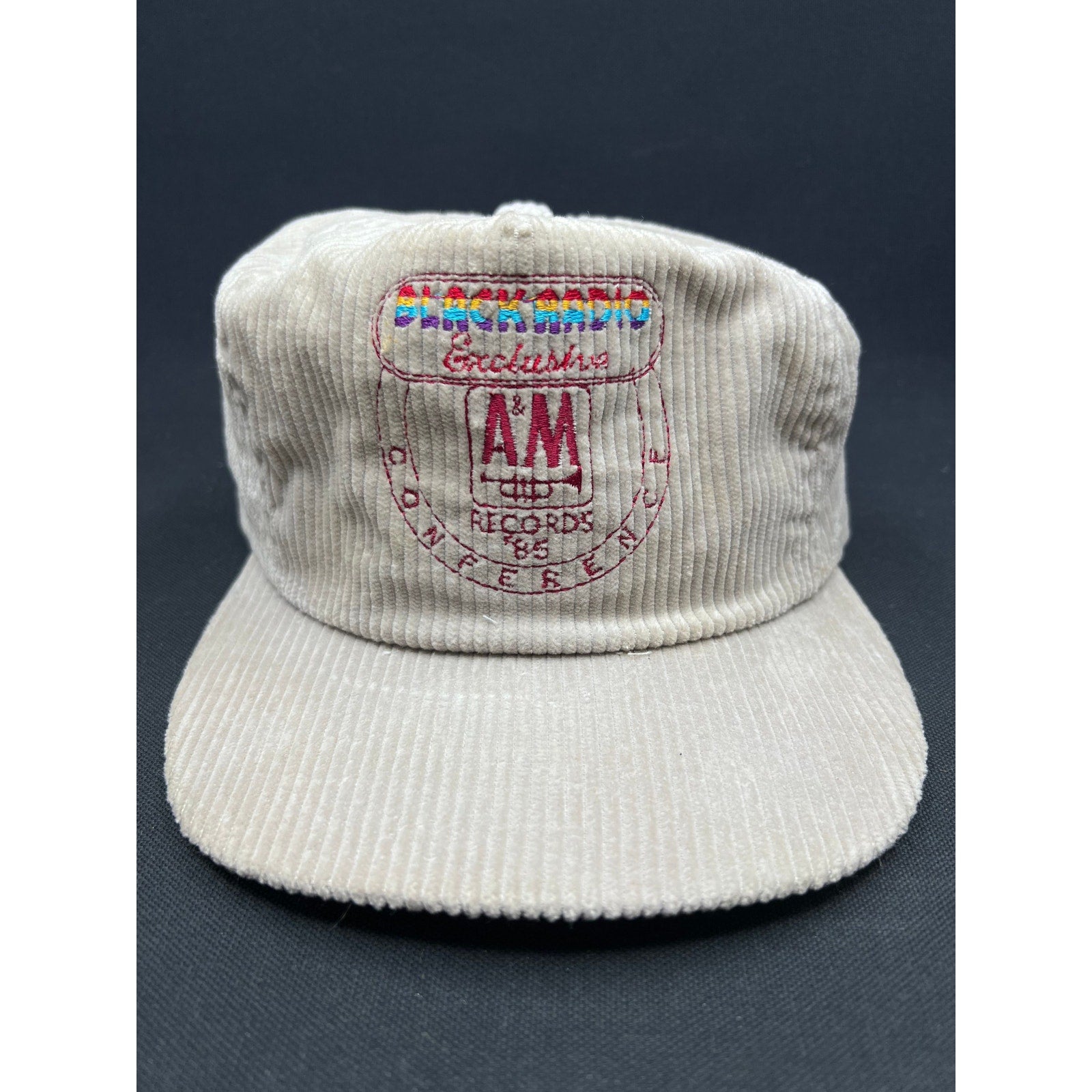 Vintage 1985 A&M Records Black Radio Exclusive Corduroy Snapback Hat Made in USA