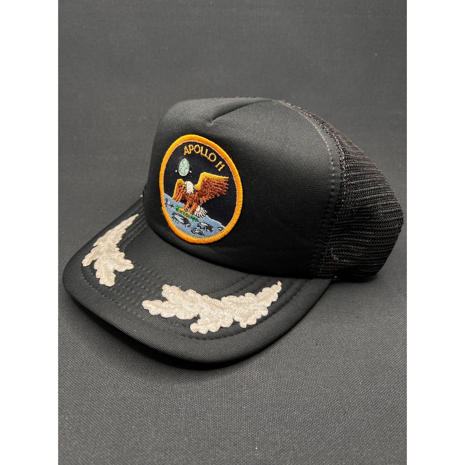 Vintage Apollo 11 NASA Space Trucker Hat Black Snapback Civic Cap Gold Leaf