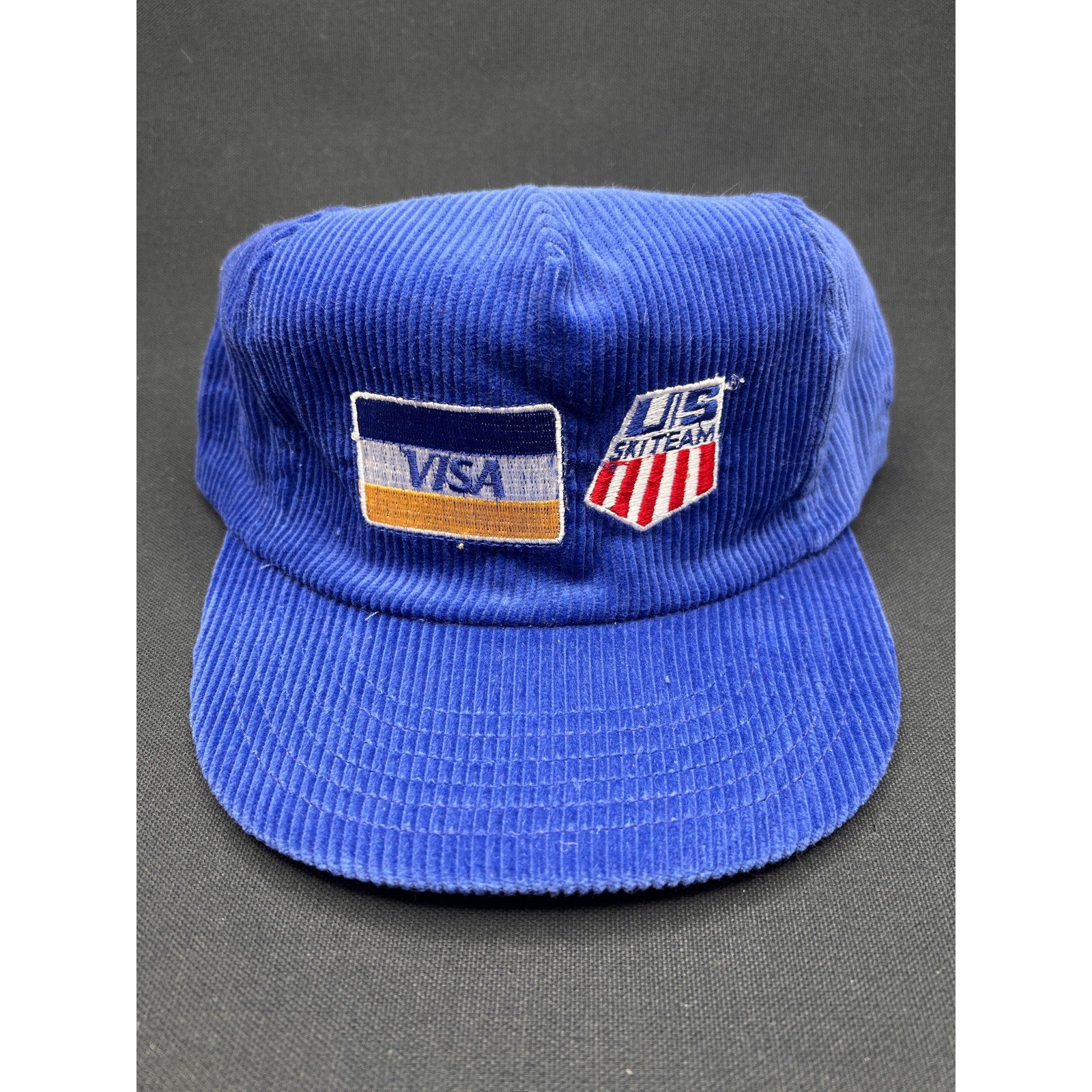 Vintage 1980s Visa / U.S. Ski Team Corduroy Hat – Royal Blue Snapback (Made in USA)