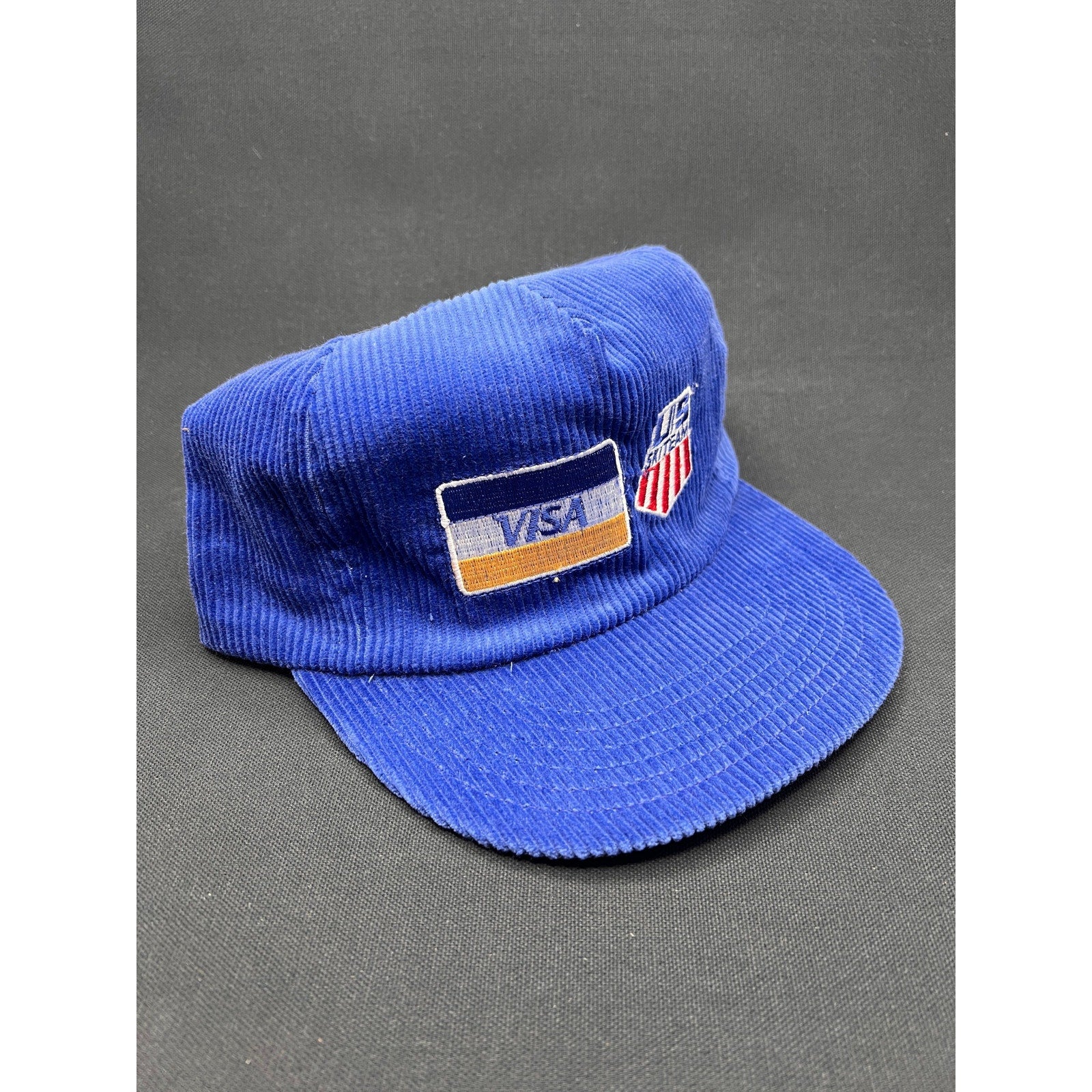Vintage 1980s Visa / U.S. Ski Team Corduroy Hat – Royal Blue Snapback (Made in USA)