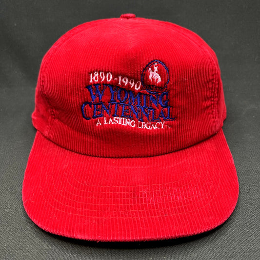 Vintage 1990 Wyoming Centennial Corduroy Snapback Hat Red Cowboy
