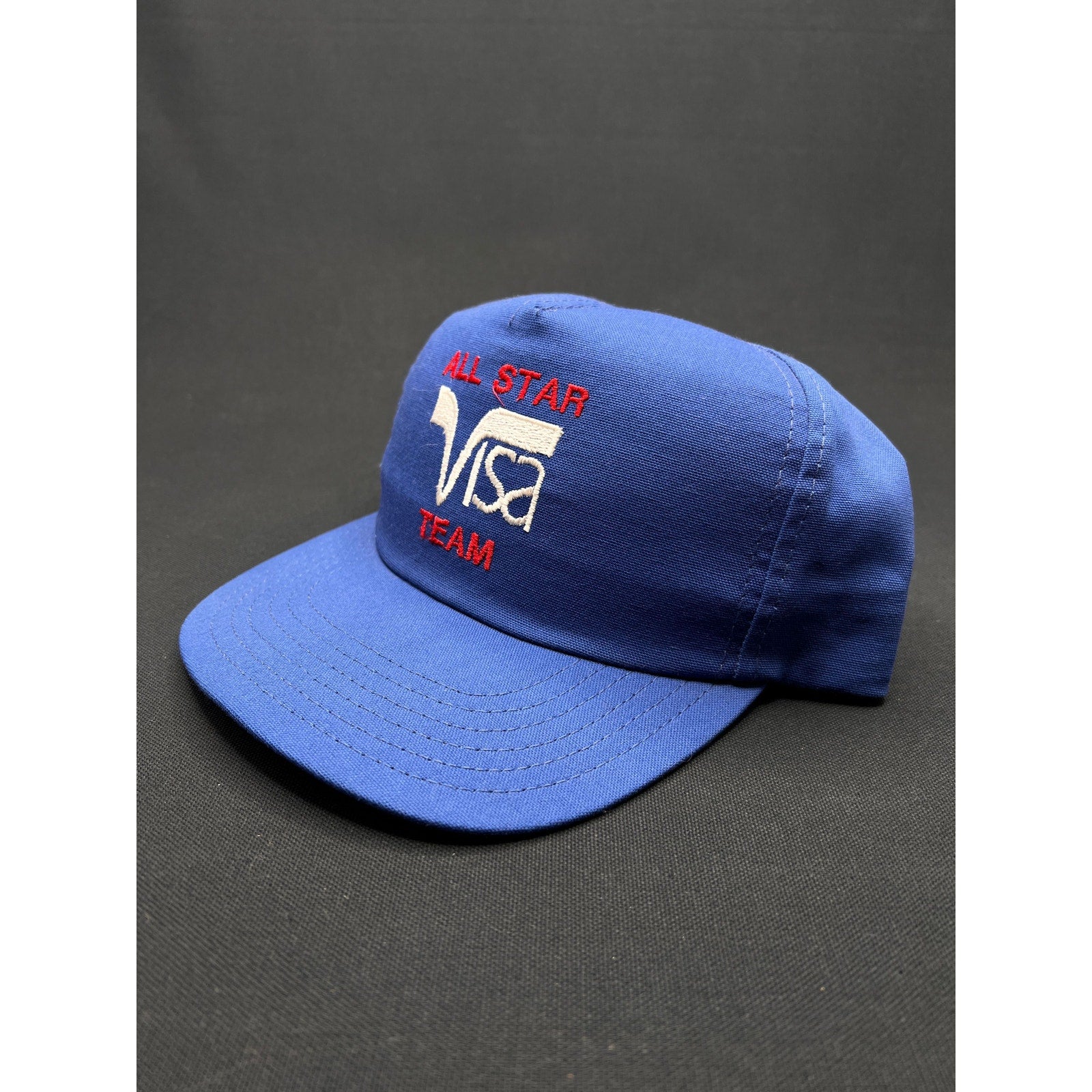 Vintage 1980s Visa “All Star Team” Blue Mesh Trucker Hat – Made in USA