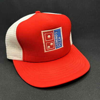 Vintage 1980s Domino’s Pizza Sample Trucker Snapback Hat Red White USA