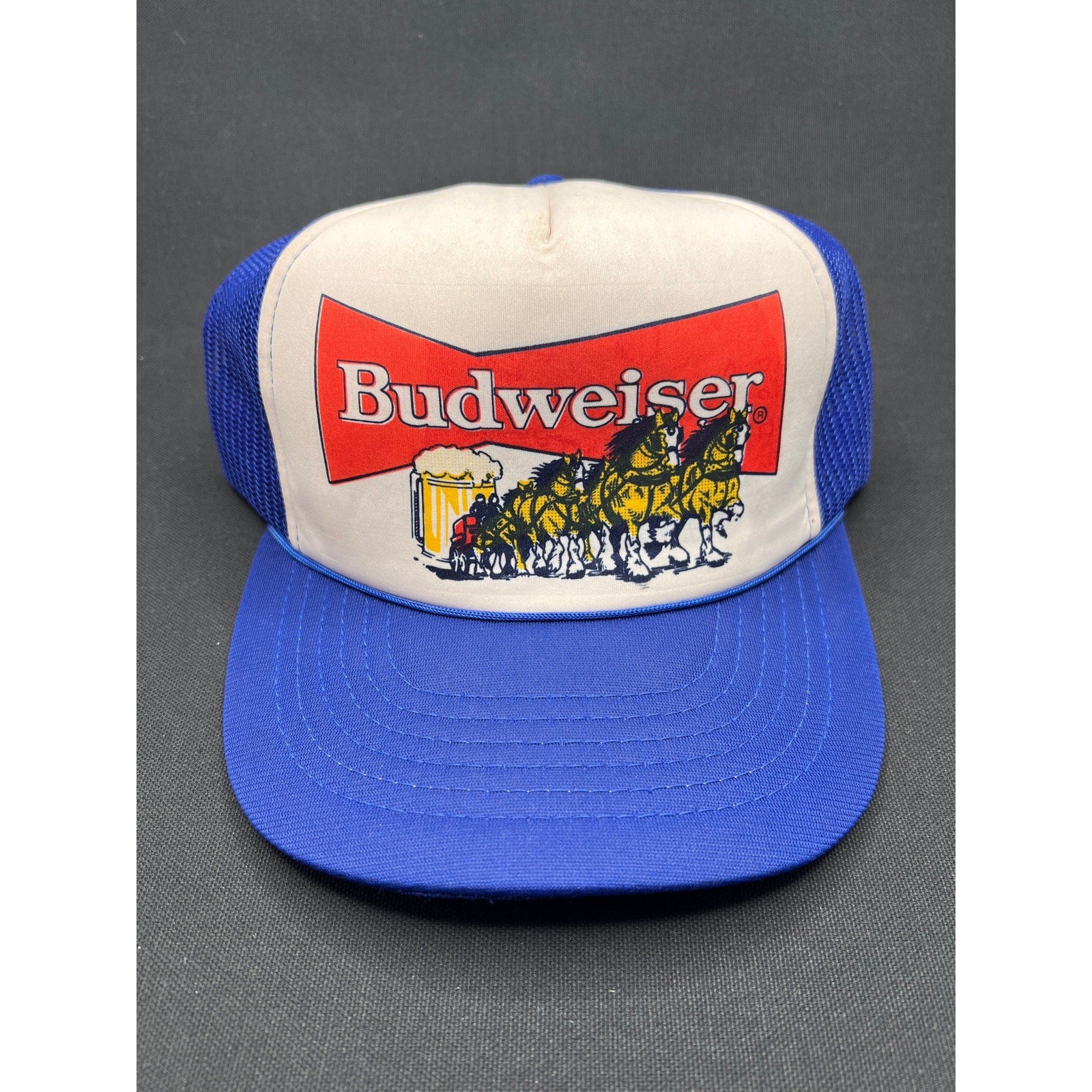 Vintage Budweiser Brewery 1980s Trucker Hat Blue Mesh Foam Snapback Beer Logo