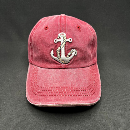 Vintage Nautical Anchor Embroidered Washed Red Cotton Strapback Hat Adjustable