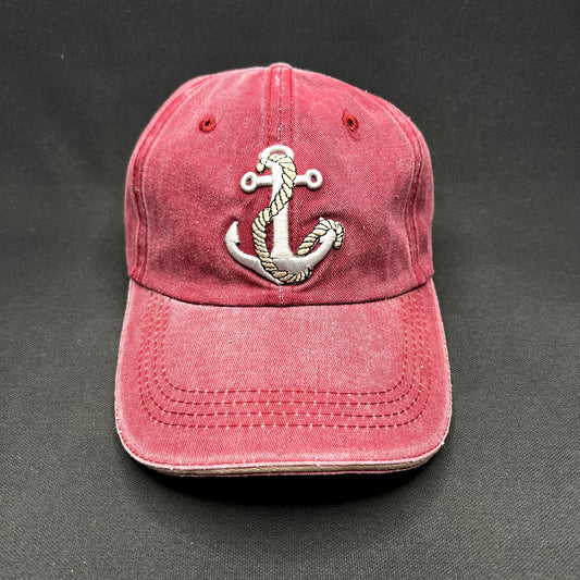 Vintage Nautical Anchor Embroidered Washed Red Cotton Strapback Hat Adjustable