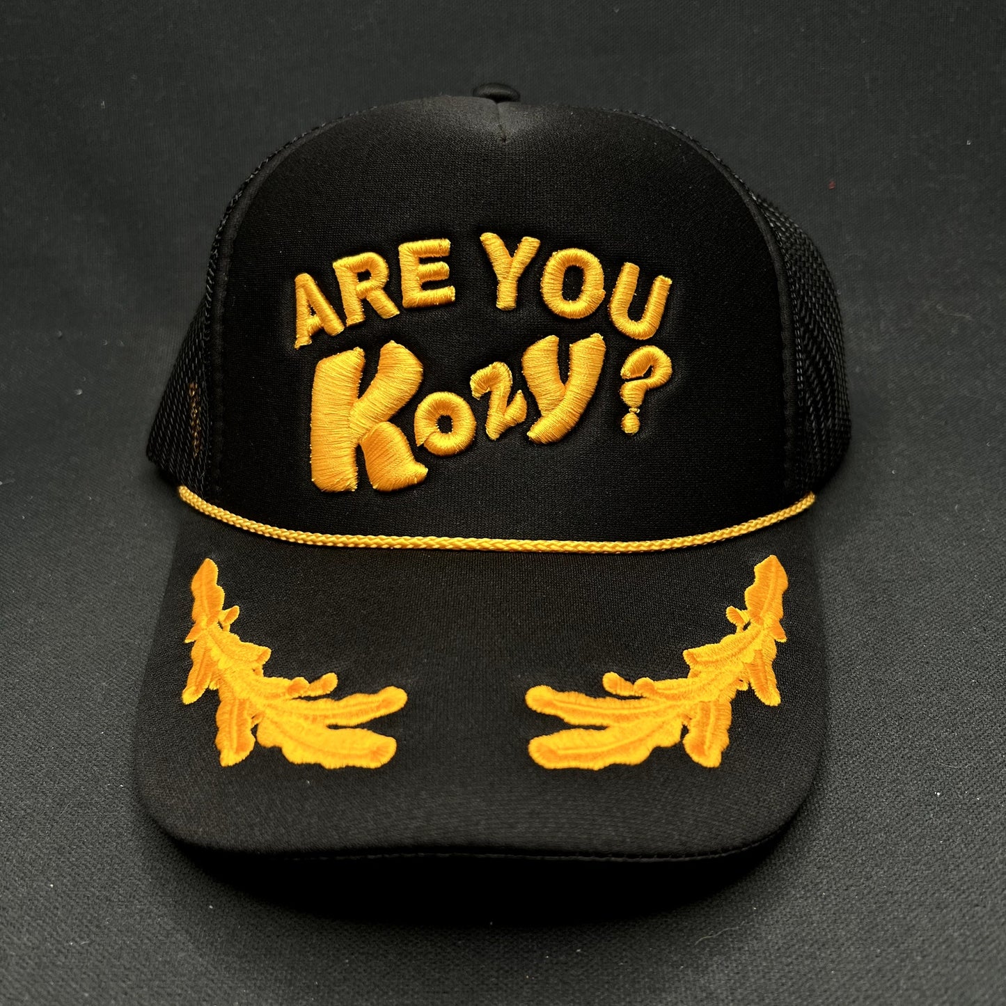 Are You Kozy? Los Angeles California Trucker Snapback Hat Black Gold Otto