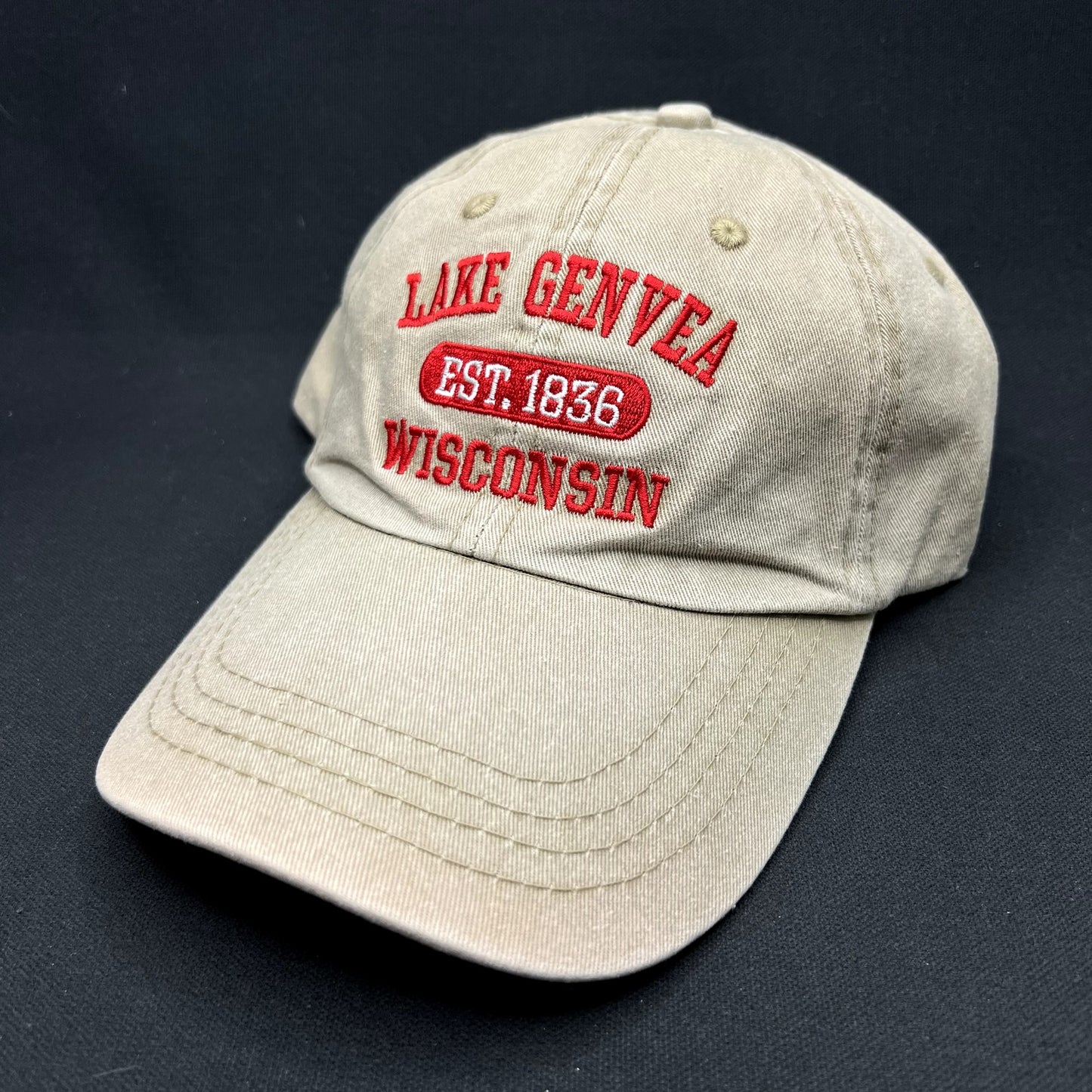 Vintage Lake Geneva Wisconsin Strapback Hat Khaki Tourist Travel Cap Embroidered