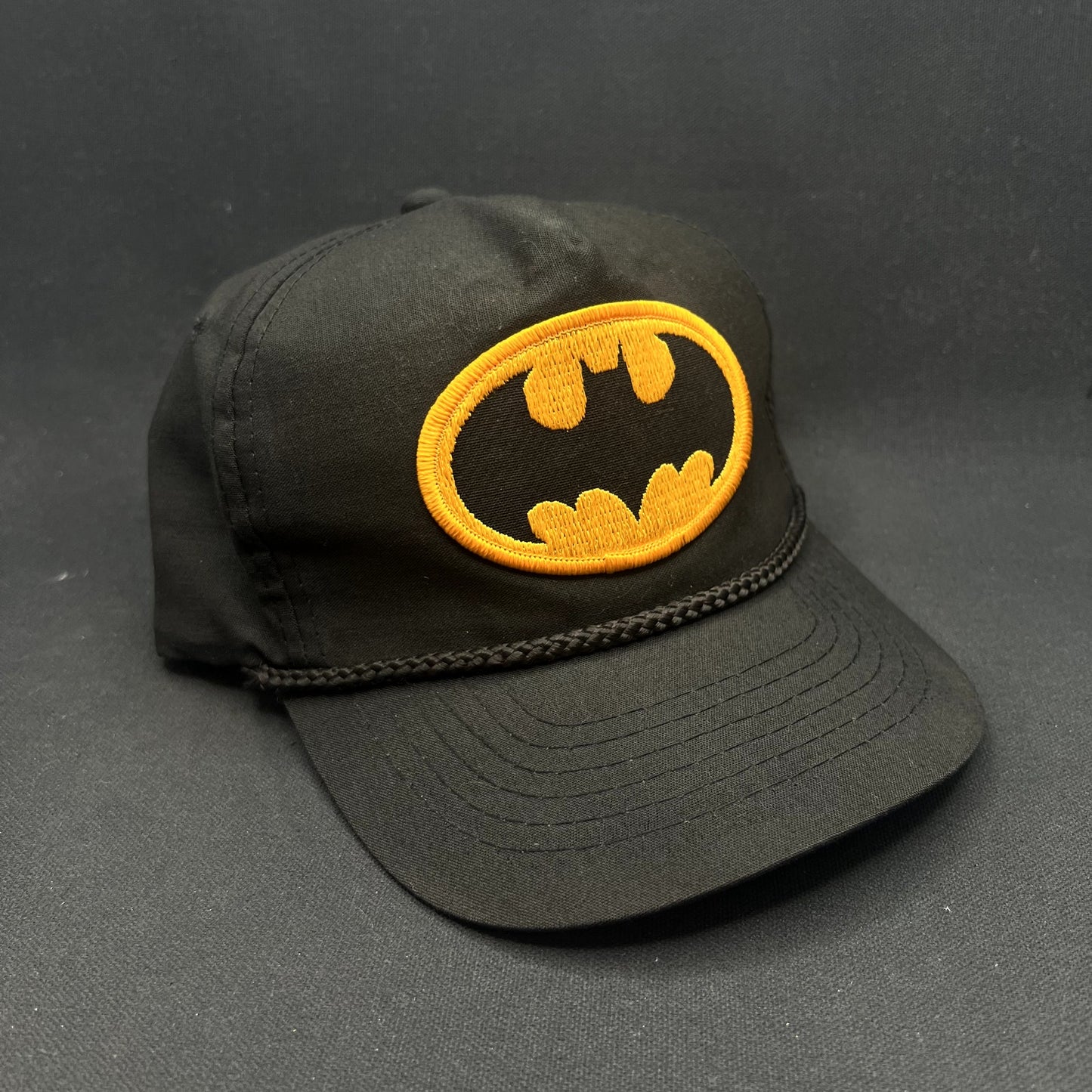 Vintage Batman DC Comics Black Rope Snapback Hat 90s Yellow Logo Cap