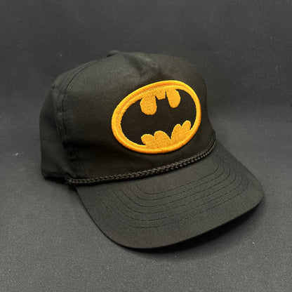 Vintage Batman DC Comics Black Rope Snapback Hat 90s Yellow Logo Cap