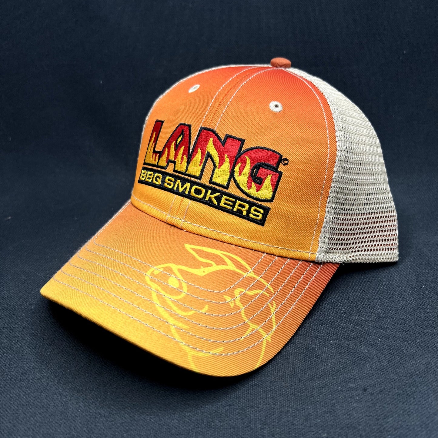 Lang BBQ Smokers Trucker Snapback Hat Orange Tan Flame Logo Reverse Flow BBQ Cap